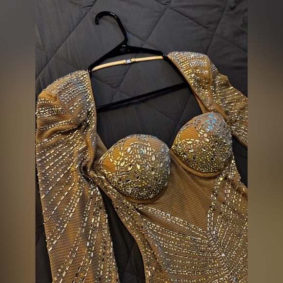 Fashion Nova Sheer Bedazzled Long Sleeve Gown Caught Your Attention Embellished - Picture 10 of 16